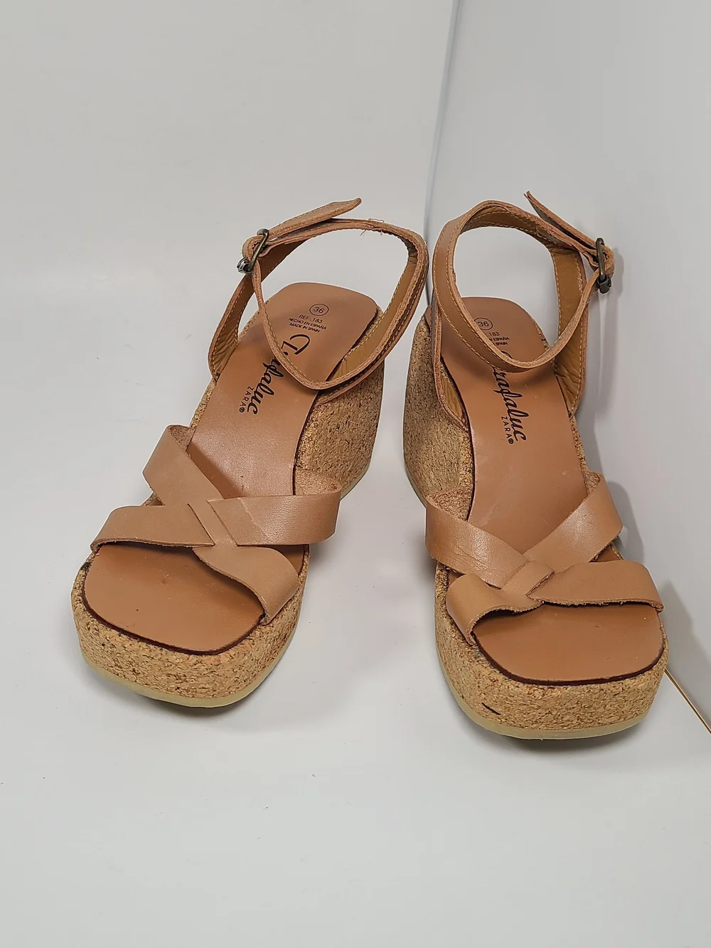 Vintage Zara Tan Leather Cork Platform Wedge Sandals Y2K Size 36